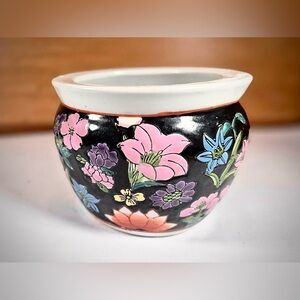 Vintage Oriental Decor Vase / Planter - SMALL Black Bowl Colorful Floral Design